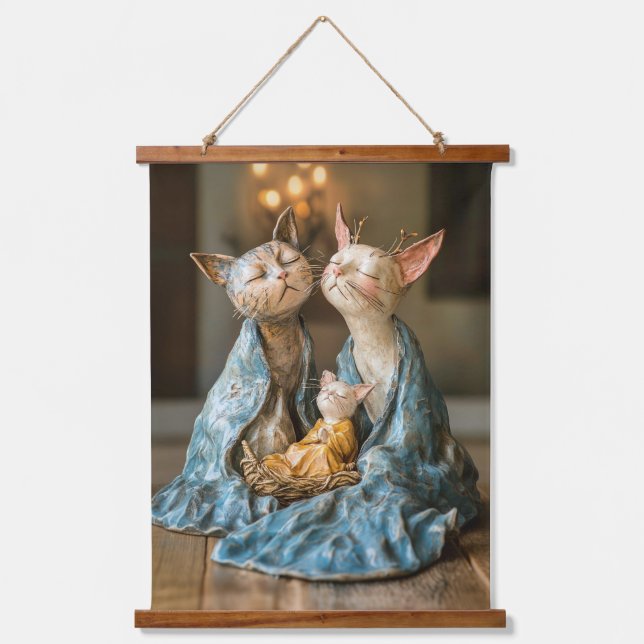 Funky Cat Nativity Wandteppich Mit Holzrahmen (Vorderseite)