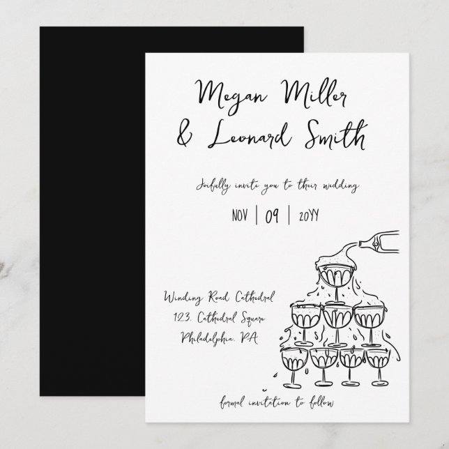 Funky Champagnerturm Save the Date Hochzeit Einladung (Vorne/Hinten)