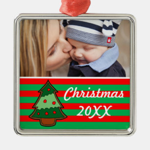 Funky Christmas Tree and Stripes Custom Foto Ornament Aus Metall