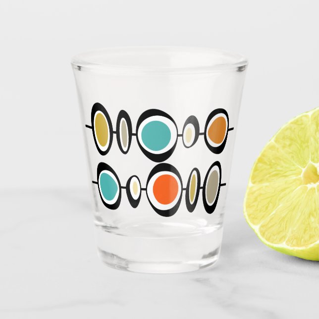 Funky Circles Turquoise Orange Mitte Jahrhundert Schnapsglas (Vorderseite)