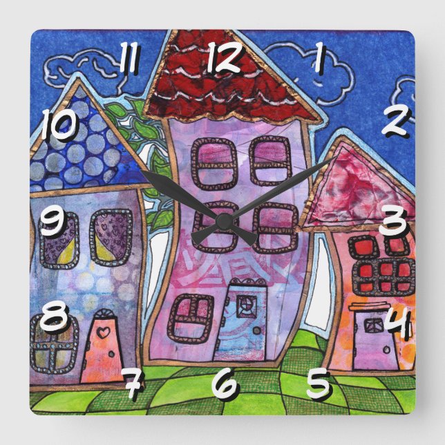 Funky Colorful Houses Quadratische Wanduhr (Vorderseite)
