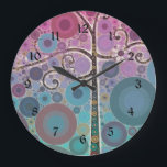 Funky Colorful Scroll Trecles Bubbles Pop Art Große Wanduhr<br><div class="desc">Funky Colorful Scroll Tree Pop Kunst Neuheit Geschenke mit bunten konzentrischen Kreise und Blasen in Purpur und Aquafarbe. "lila und aqua scroll tree" "circle" "scroll tree" "colorful Pop art" "bubbles" "circles" "farben" "funky" "girly" "tree" "bubbly" "hübsch" "niedlich" "cool"</div>