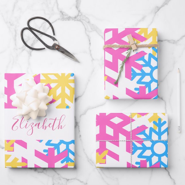 Funky Colorful Snowflake & Individuelle Name Winte Geschenkpapier Set (Vorderseite)