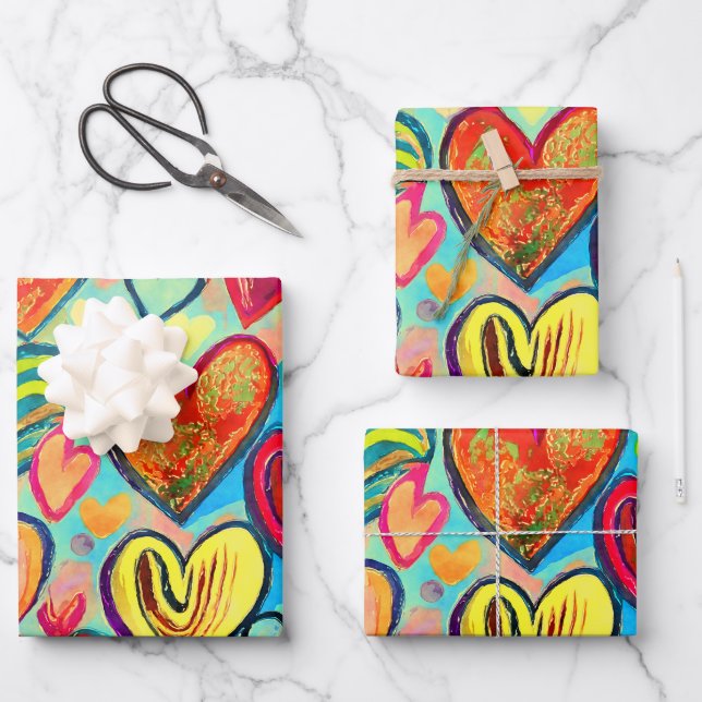 Funky Colors Heart Pattern Mix Geschenkpapier Set (Vorderseite)