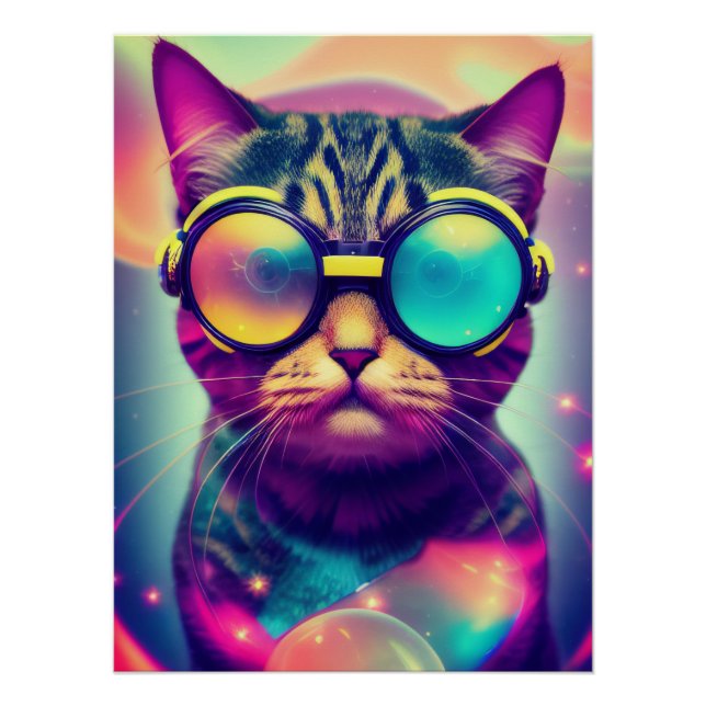 Funky Cool Psychedelic Goggles Cat Poster (Vorderseite)