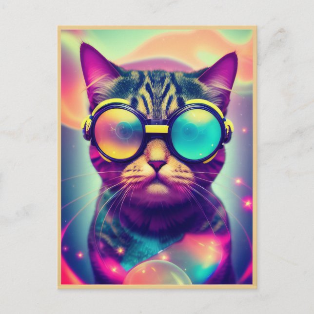 Funky Cool Psychedelic Goggles Cat Postkarte (Vorderseite)