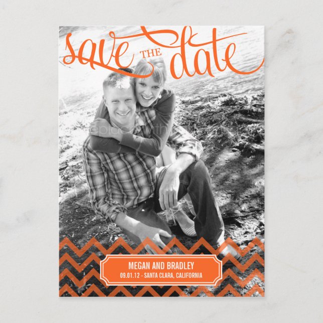 Funky Couple Save the Date Postcard - Orange Ankündigungspostkarte (Vorderseite)