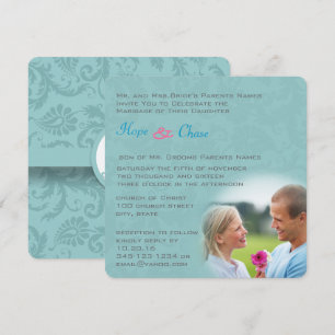 Funky Damask Aqua Blue Pink Wedding Einladung