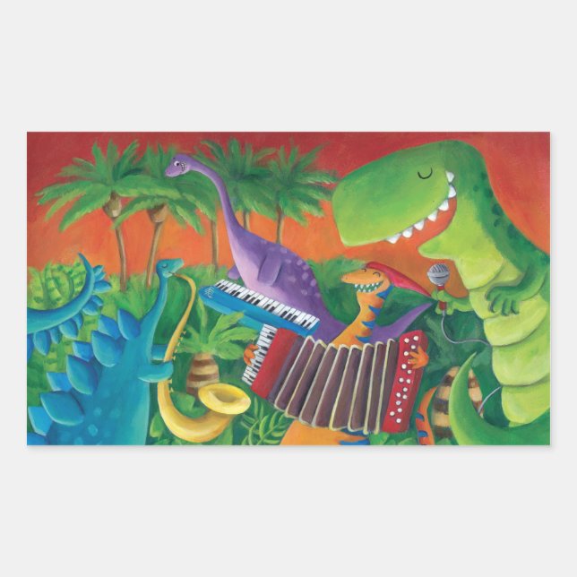 Funky Dinosaur Band Rechteckiger Aufkleber (Vorderseite)