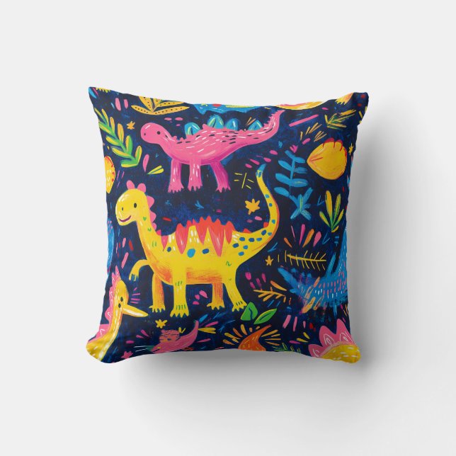 Funky Dinosaur Hand bemalt farbiges Muster Kissen (Vorderseite)