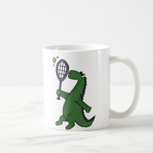 Funky Dinosaurier, der Tennis-Cartoon spielt Kaffeetasse