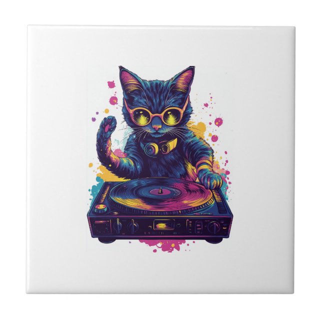 Funky DJ Katze � Retro Disco Kitty Party Fliese (Vorderseite)