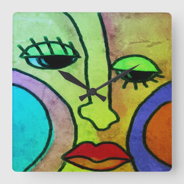 Funky Face Original Abstrakte Kunst Quadratische Wanduhr (Vorderseite)