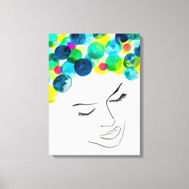 Funky farbiges Haarmädchen Aquarell Leinwanddruck (Vorderseite)