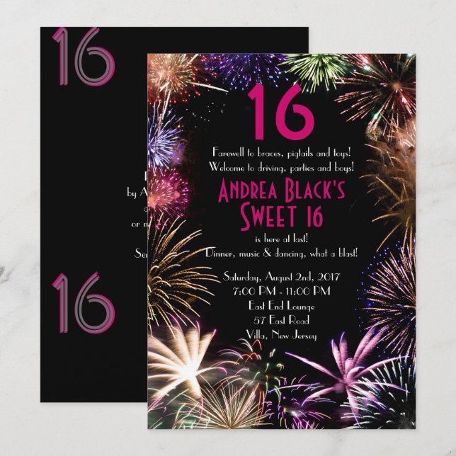 Funky Fireworks Sweet 16 Anniversaire Invitation (Devant / Derrière)