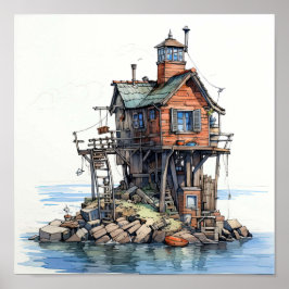 Funky Fisherman's Seaside Shack Art Poster