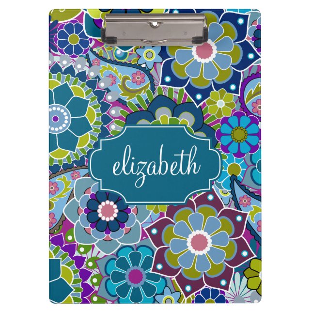 Funky Floral Muster mit Individuelle Name Klemmbrett (Vorderseite)