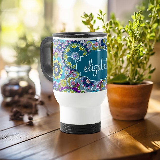 Funky Floral Muster mit Individuelle Name Reisebecher (Personalized travel mug - add photos and text or customize completely)