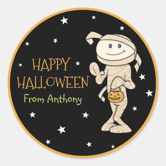 Funky Friends Personalisiert Mummy Halloween Stick Runder Aufkleber (Vorderseite)