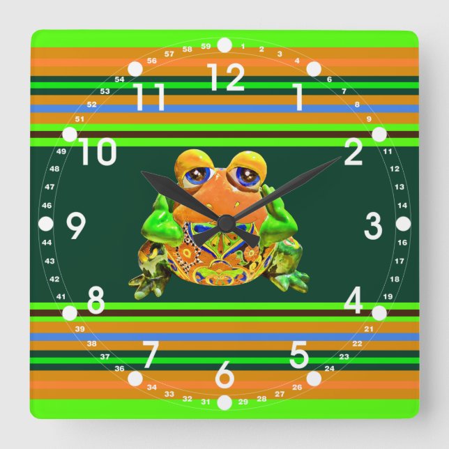 Funky Frog Orange Green Striped Novelty Geschenke Quadratische Wanduhr (Vorderseite)