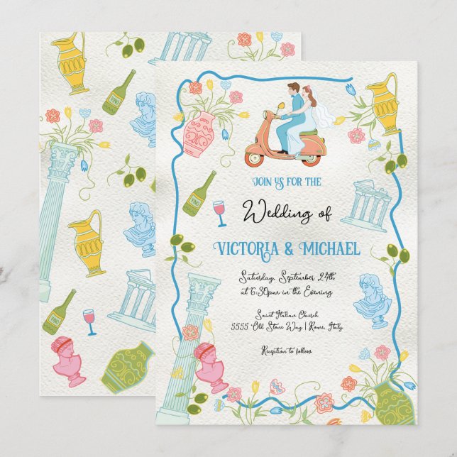 Funky Gezeichnet Italienische Bride Groom auf Scoo Einladung (Vorne/Hinten)