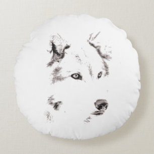 Funky Gray Wolf Face Head Sketch Rundes Kissen