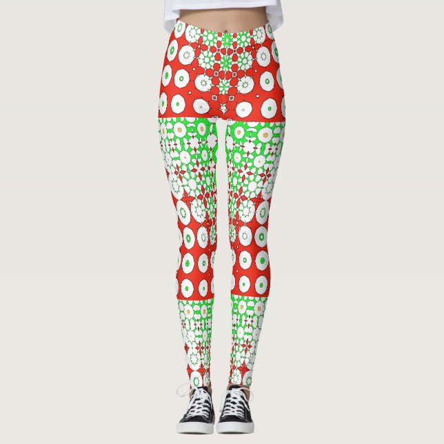 Funky Green, Red, Pattern, Blume, Leggings (Vorderseite)