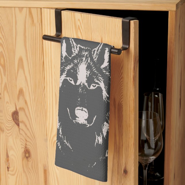Funky Grey and White Wolf Face Head Geschirrtuch (Drittel gefaltet)