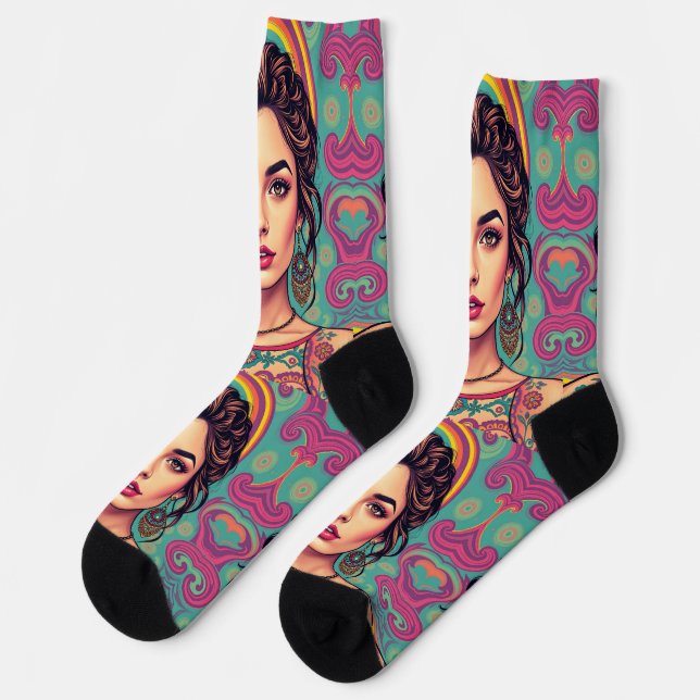Funky groovy junge Brünette Beauty Socken (Linkes Detail)