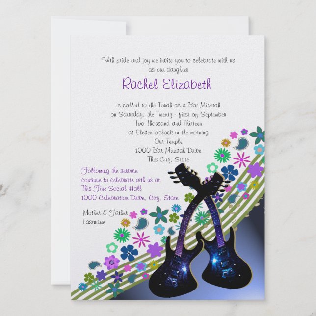 Funky Guitar Music Bat Mitzvah Einladung (Vorderseite)