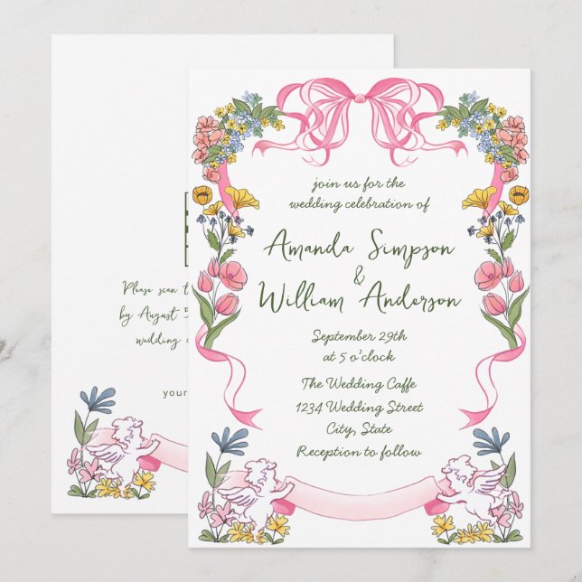 Funky Hand Drawn Scribble Retro Wedding QR Code Einladung (Vorne/Hinten)