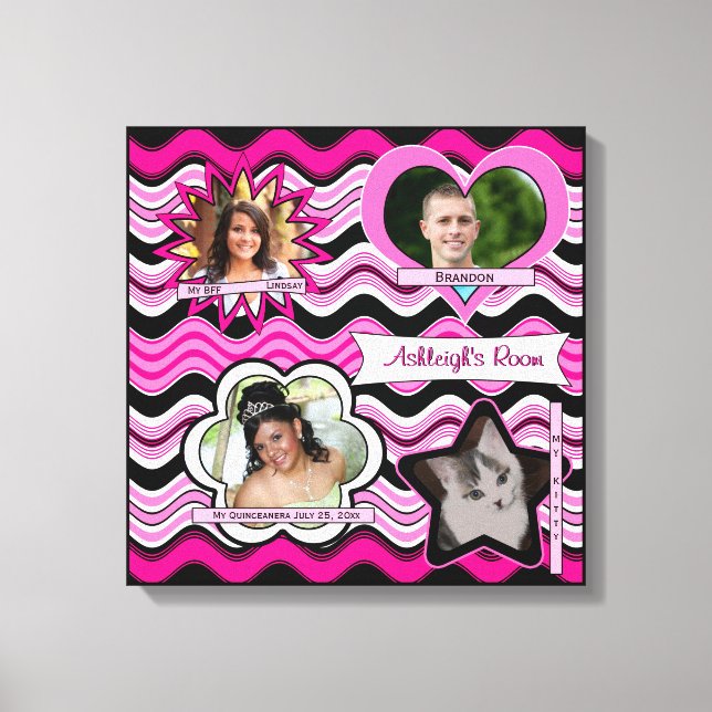 Funky Hot Pink, Black, White Foto Wall hängend Leinwanddruck (Vorderseite)