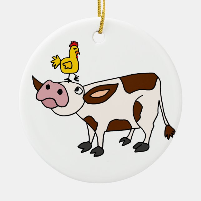 Funky Kuh mit Huhn auf ihrem HauptCartoon Keramikornament (Vorne)