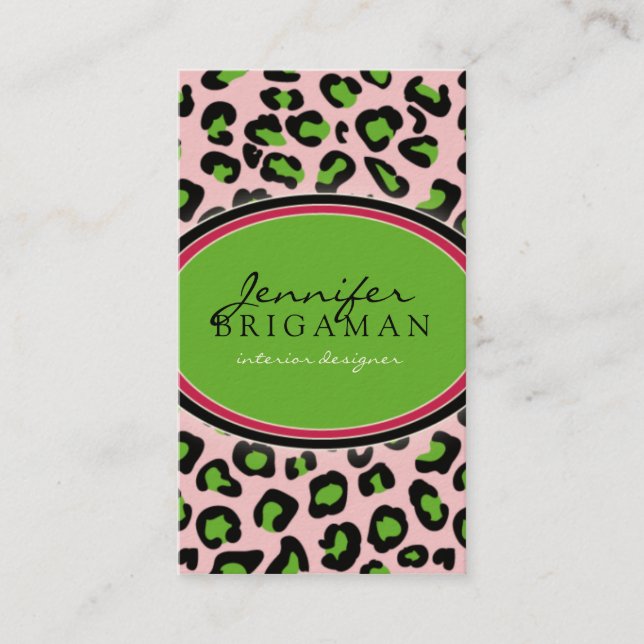 Funky Leopard Print Business Card: grün/rosa Visitenkarte (Vorderseite)