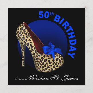 Funky Leopard Stiletto 50. Geburtstag schwarz Einladung