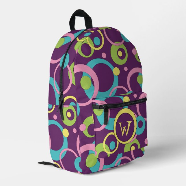 Funky Lila Circles Bedruckter Rucksack (Rückseitige Ecke links)