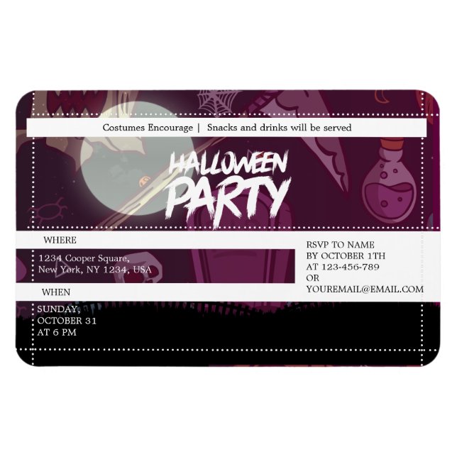 Funky Lila Halloween Spooky Party Ticket Magnet (Horizontal)