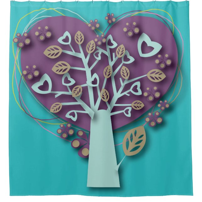 Funky Lila und Aquamariner Herzbaum, Liebe und Rom Duschvorhang (Vorderseite)