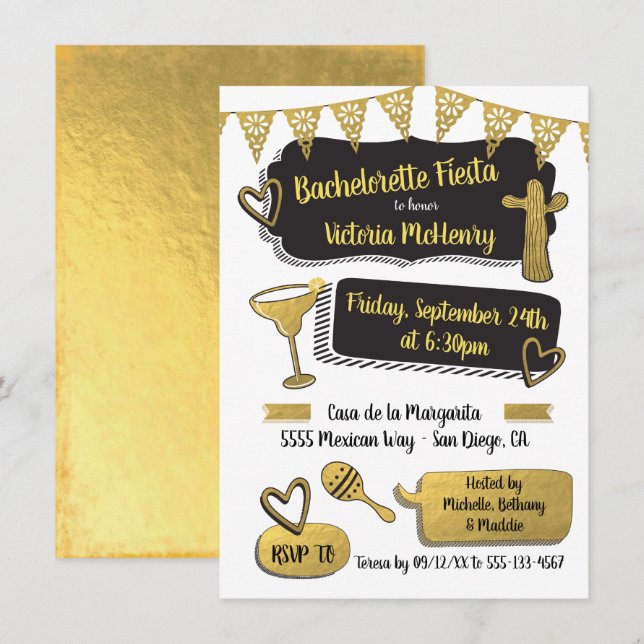 Funky Mexican Fiesta Gold Foil Junggeselinnen-Absc Einladung (Vorne/Hinten)