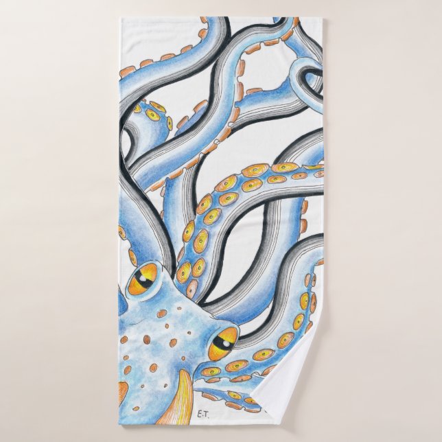 Funky Octopus Ink Blue Orange Badhandtuch Set (Badehandtuch)