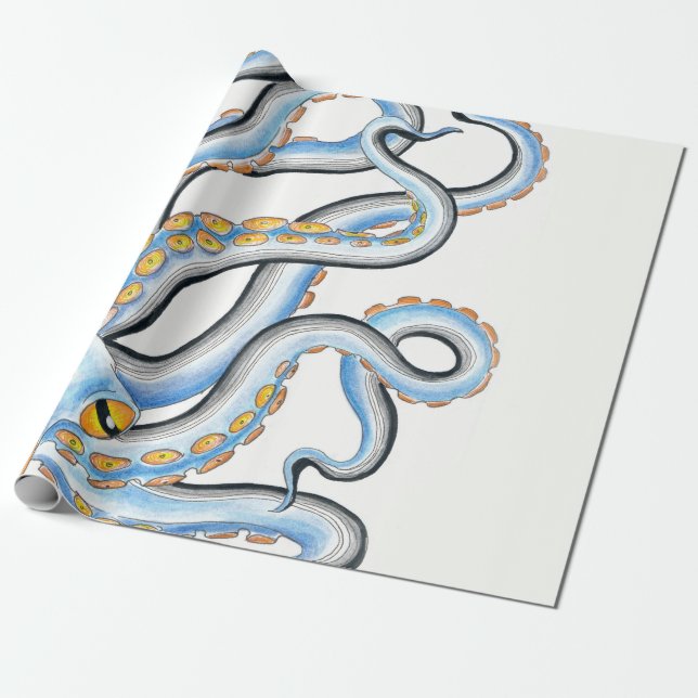 Funky Octopus Ink Blue Orange Geschenkpapier (Ungerollt)