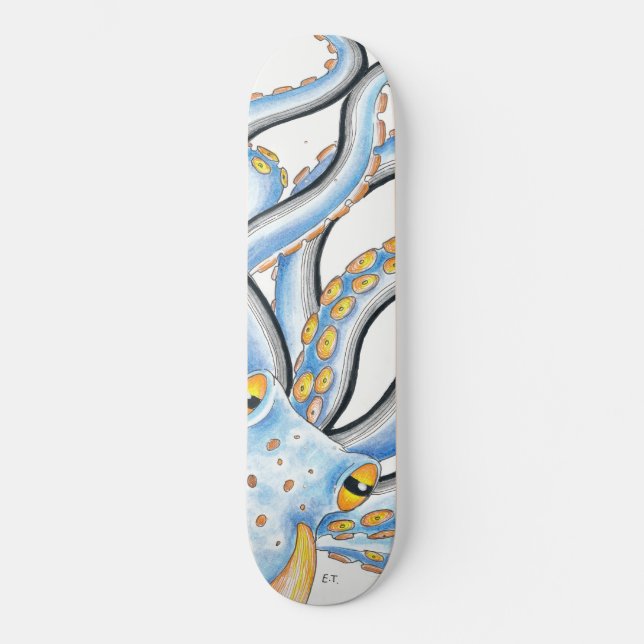 Funky Octopus Ink Blue Orange Skateboard (Vorderseite)