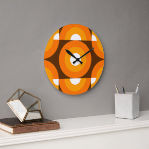 Funky Orange Braune Retro-Kreis-Kunstmuster Große Wanduhr
