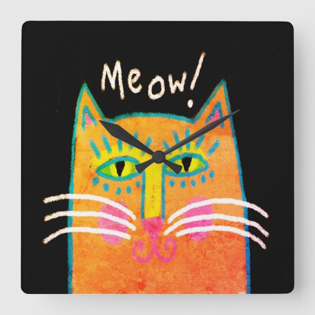 Funky Orange Cat Abstrakt Art Quadratische Wanduhr (Vorderseite)