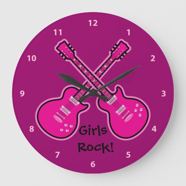 Funky Pink & Black Guitars Girls Rock Clock Große Wanduhr (Vorderseite)