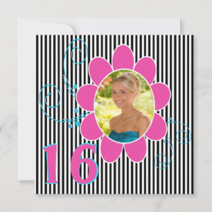 Funky Pink, Blau, Schwarz, Weißer Streifen Sweet 1 Einladung