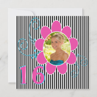 Funky Pink, Blau, Schwarz, Weißer Streifen Sweet 1 Einladung
