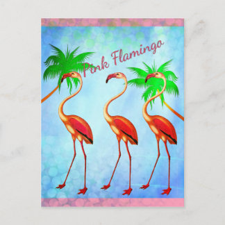 Funky Pink Flamingos Palm Trees Blue Sky Postkarte
