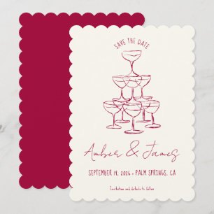 Funky Pink Hand gezeichnete Champagner Tower Weddi Save The Date