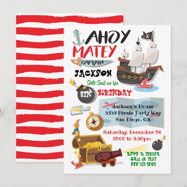 Funky Pirate Anniversaire Fête Invitation (Devant / Derrière)